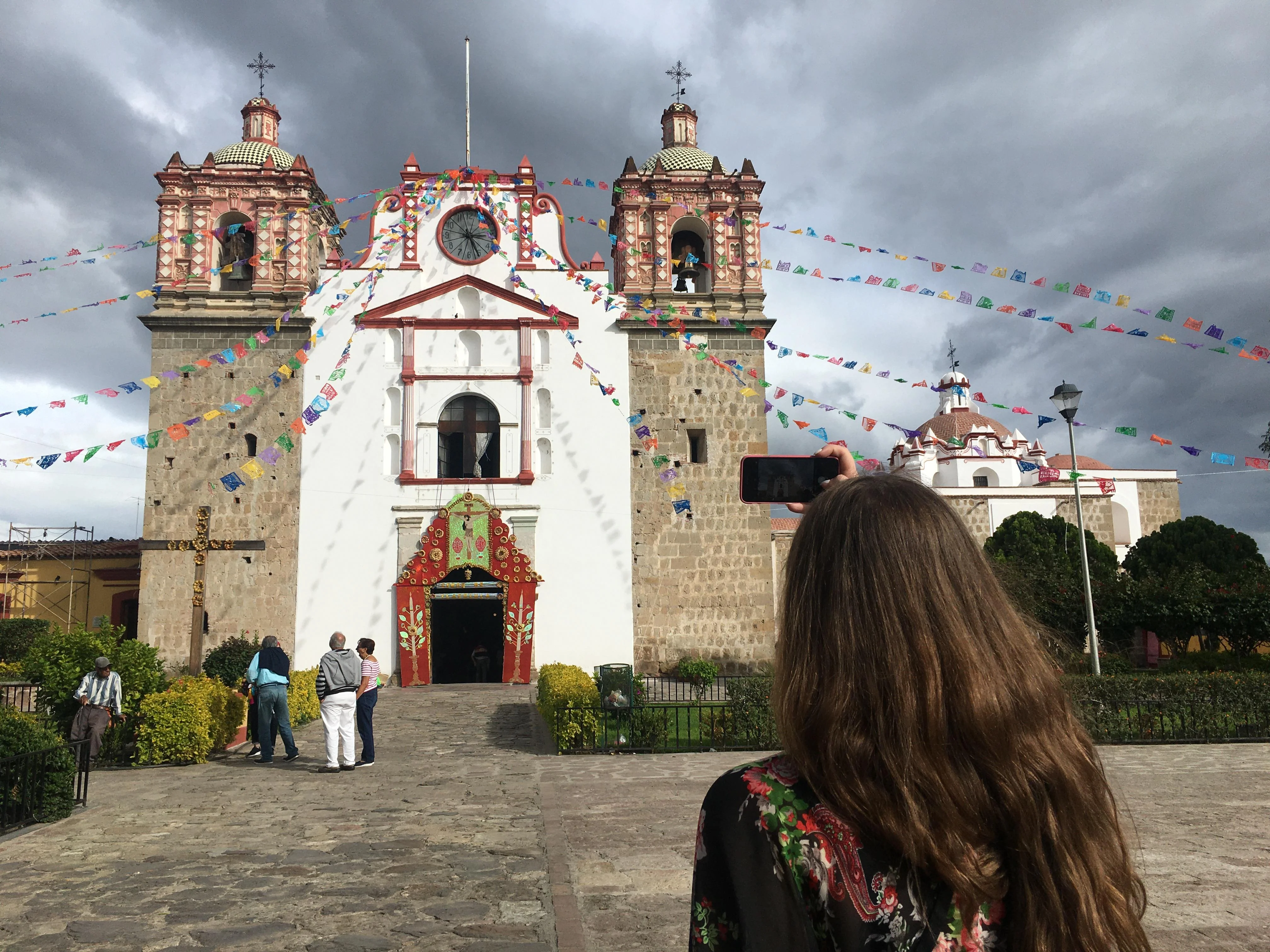 Oaxaca church with Dora in foreground